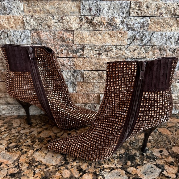 Jeffrey Campbell "Glammed" booties in bronze w/rhinestones over satin - Picture 4 of 8